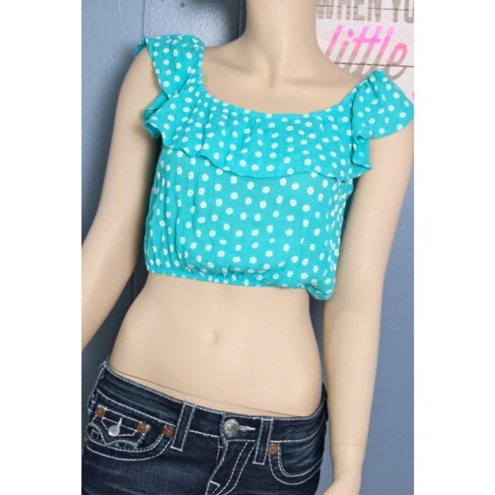 NWT Sunflower Radiant Crop Top Green & White Polka Dot Ruffled Sleeveless Size S